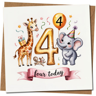 Age 4 Birthday Card for Kids - Cute Elephant & Giraffe, Balloon and Confetti - Four Today - 145mm x 145mm Square Children's Card, Includes Kraft Envelope