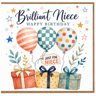Niece Birthday Card, Brilliant Niece Happy Birthday Card with Balloons and Gifts