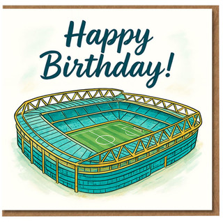 Happy Birthday Football Stadium Card - Illustrated Sports Ground with Green Pitch - Birthday Greeting for Football Fans and Sports Lovers