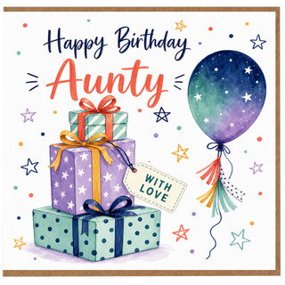 Aunty Birthday Card, Happy Birthday With Love Gift Box and Balloon Design