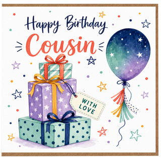 Cousin Birthday Card, Happy Birthday Cousin Card with Gifts and Balloon