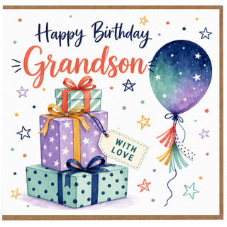 Grandson Birthday Card, Happy Birthday Grandson Card With Gifts and Balloon