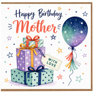 Mother Birthday Card, Happy Birthday with Gifts and Balloon Design