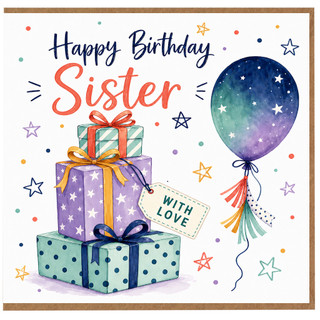 Sister Birthday Card, Happy Birthday Sister Card with Gifts and Balloon