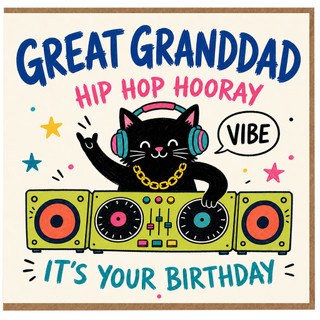 Great Granddad Birthday Card, Hip Hop Hooray DJ Cat Design