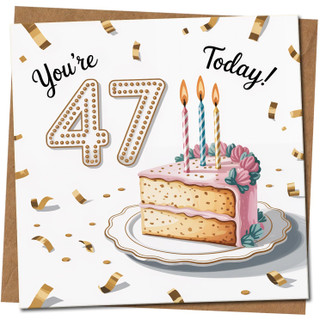 47th Birthday Card - You're 47 Today - Cake and Confetti Design, Square Greeting Card, 145mm x 145mm, Includes Kraft Envelope