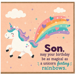 Son Birthday Card, Magical Unicorn Rainbow Funny Birthday Card