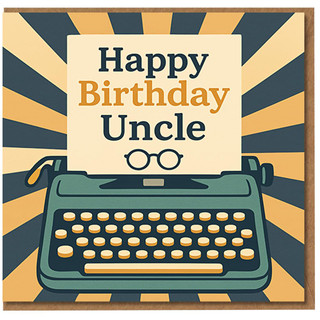 Happy Birthday Uncle Card - Retro Typewriter Design with Sunburst Rays and Spectacles Icon - Vintage Style Birthday Card for Uncle