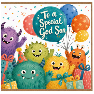 Special God Son Birthday Card, Cute Monster Balloon Design