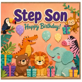 Step Son Happy Birthday Card, Cute Jungle Animals Birthday Card