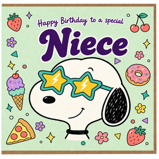 Niece Birthday Card, Cute Cartoon Niece with Star Sunglasses and Sweet Treats