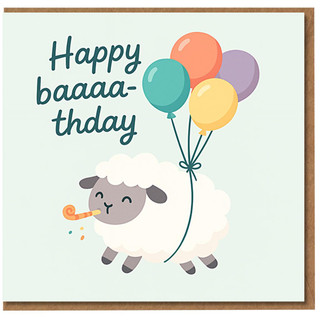 Funny Sheep Pun Birthday Card - 'Happy Baaaa-thday' with Balloons and Party Blower - Cute Animal Design for Kids, Friends or Family