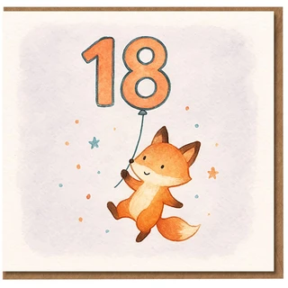 18th Birthday Card - Cute Watercolour Fox Holding 18 Balloon with Confetti - For Him or Her, Teen, Son, Daughter, Friend