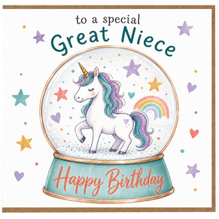 Great Niece Birthday Card, Happy Birthday Unicorn Snow Globe Card