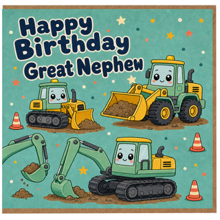 Great Nephew Birthday Card, Cute Construction Vehicles Happy Birthday Card