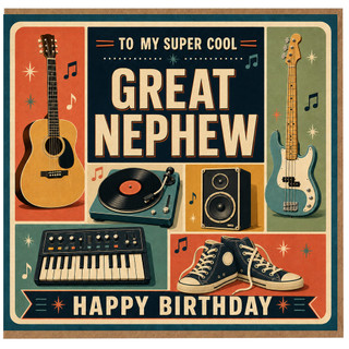 Great Nephew Birthday Card, Super Cool Music Themed Happy Birthday Card