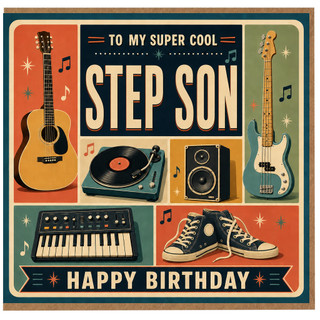 Step Son Birthday Card, To My Super Cool Step Son Happy Birthday Music Themed Card
