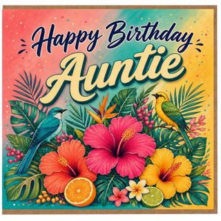 Auntie Birthday Card, Tropical Floral Birds Happy Birthday Card