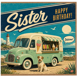 Sister Birthday Card, Vintage Ice Cream Van Beach Design