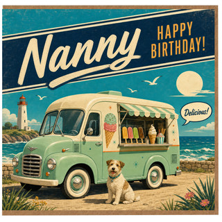 Nanny Birthday Card, Retro Seaside Ice Cream Van and Nanny Illustration