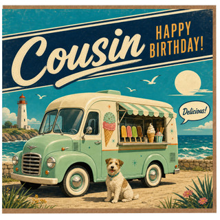 Cousin Birthday Card, Retro Ice Cream Van Seaside Birthday Card