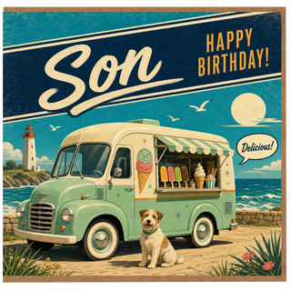 Son Birthday Card, Vintage Ice Cream Van Seaside Birthday Card