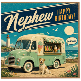 Nephew Birthday Card, Retro Ice Cream Van Seaside Birthday Card