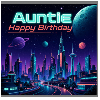 Auntie Happy Birthday Card, Neon Space City Design