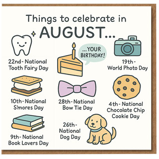 August Birthday Card - Things to Celebrate in August Design with Cake Slice, Camera, Cookie, Dog and More - Cute Month-Themed Card for Birthdays