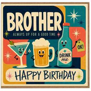 Brother Birthday Card, Happy Birthday for Brother, Retro Drinks Birthday Card