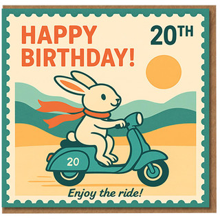 20th Birthday Card - Cute Bunny on Scooter, Retro Stamp Design with 'Happy Birthday! Enjoy the ride!' Fun Milestone Card for Him or Her, Friends and Family