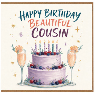 Cousin Birthday Card, Happy Birthday Beautiful Cousin Card, Cake and Champagne Design
