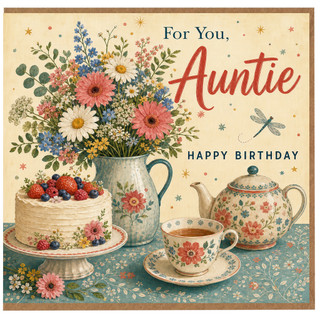 Auntie Happy Birthday Card, Floral Tea Party Birthday Card
