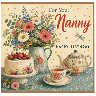 Nanny Birthday Card, Floral Tea Party Birthday Card for Nanny