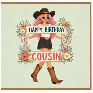 Cousin Birthday Card, Happy Birthday Cowgirl Floral Greeting Card