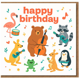 Happy Birthday Card for Kids - Cute Musical Animal Band with Bear on Cello, Raccoon and Kangaroo on Guitars, Penguin on Keyboard, Flamingo on Drum and Dancing Frog