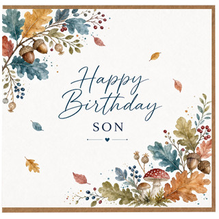 Son Birthday Card, Autumn Leaves and Mushrooms Happy Birthday Card
