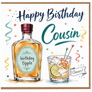 Cousin Happy Birthday Card, Birthday Tipple Whisky Bottle and Cheers Design