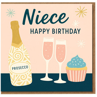 Niece Birthday Card - Prosecco Bottle, Two Glasses and Cupcake - ‘Niece Happy Birthday’ Celebration Design
