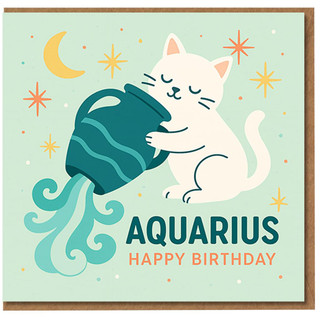 Aquarius Birthday Card - Cute Cat Water-Bearer Zodiac Design with Stars & Moon - Happy Birthday