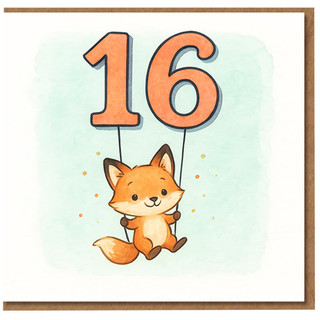 16th Birthday Card - Cute Fox with Big '16' Balloons, Watercolour-Style Teen Birthday Card for Boy or Girl, Gender-Neutral