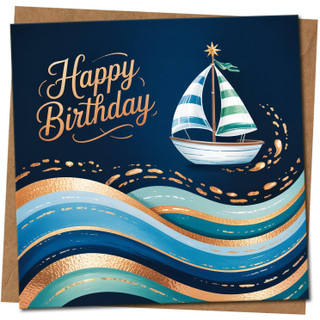 Happy Birthday Card - Nautical Sailing Boat & Waves Design, 145mm x 145mm Square, Luxury Blue Seascape, Includes Kraft Envelope