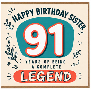 Sister 91st Birthday Card, Happy Birthday Sister, 91 Years of Being a Complete Legend