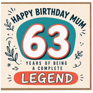 Mum 63rd Birthday Card, Happy Birthday Mum 63 Years of Being a Complete Legend Card