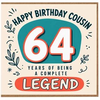 64th Birthday Card for Cousin, Happy Birthday Cousin 64 Years of Being a Complete Legend