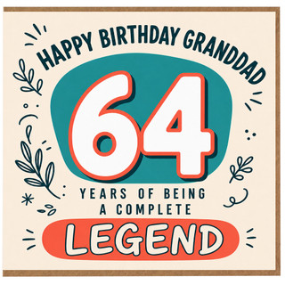 64th Birthday Grandad Card, Happy Birthday Granddad 64 Years of Being a Complete Legend