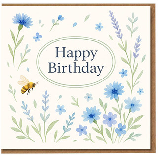 Happy Birthday Card - Blue Wildflowers and Bumblebee Watercolour Design - Elegant Nature-Themed Greeting for Friends and Family