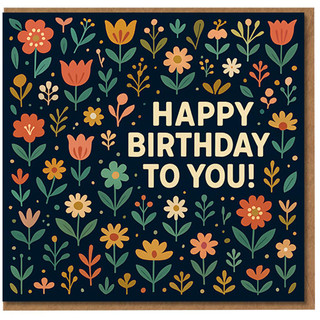 Happy Birthday To You Floral Card - Colourful Folk-Style Flowers on Dark Background, Cheerful Birthday Greeting