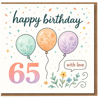 65th Birthday Card - Pastel Balloons with Floral Details, Confetti and 'Happy Birthday' Lettering - Milestone Card with 'With Love' Message - Cute, Contemporary Design