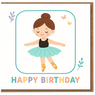 Happy Birthday Card - Cute Ballerina Girl in Mint Tutu with Butterflies - Pastel Lettering Kids Birthday Card for Dance Lovers